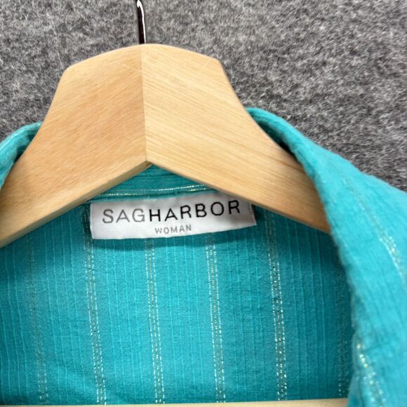 Sag Harbor Shirt Women 1X Plus Blue Striped Button Up Collared Short Sleeve - Picture 3 of 8